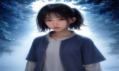 雏田本子水彩插画，月光下雏田角色身着和风服装，清冷唯美的艺术风格配图